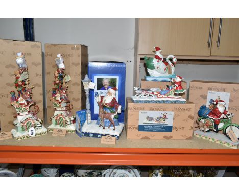 SIX BOXED JIM SHORE 'HEARTWOOD CREEK' CHRISTMAS FIGURINES, comprising two illuminated 'Heaped With Holiday Cheer' 4060310, an