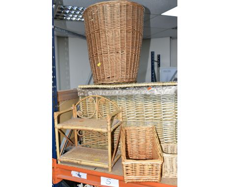 A COLLECTION OF WICKER BASKETS, to include laundry baskets, hamper, a two tier stand, baskets with and without handles, a bam