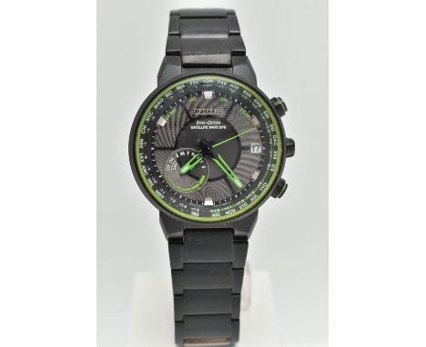A GENTS 'CITIZEN ECO-DRIVE' WRISTWATCH, round black textured dial signed 'Citizen Eco-Drive Satellite Wave GPS', date apertur