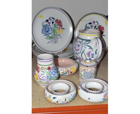 A GROUP OF MID-CENTURY POOLE POTTERY 'TRADITIONAL WARE' DESIGN, comprising two posy rings, vase, height 13cm (crazed), a larg