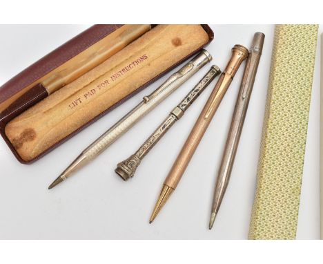 FOUR PENCILS, the first a rolled gold propelling pencil, a boxed 'Yard o' Led' silver pencil, hallmarked London 1958, a secon