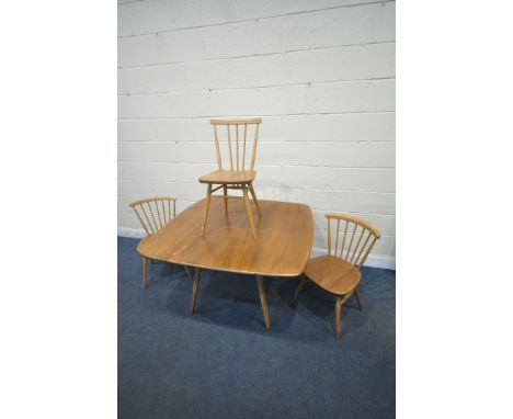 AN ERCOL ELM AND BEECH DROP LEAF DINING TABLE, on square tapered legs, open length 125cm x closed length 64cm x depth 113cm x