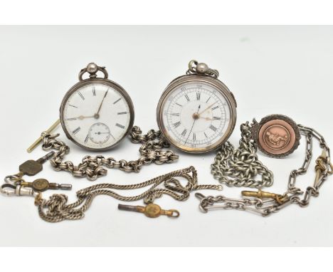 TWO OPEN FACE POCKET WATCHES AND ALBERT CHAINS, the first a silver, key wound pocket watch, round white dial, Roman numerals,