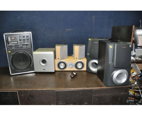 AN ELTAX ATOMIC X8 SUB, TWO LIBERTY BIPOLAR SPEAKERS and a Liberty centre speaker, along with a pair of Aiwa SX-WZR99 hi fi s