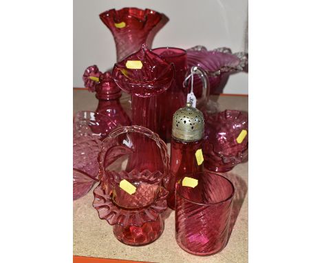 A GROUP OF CRANBERRY GLASS, comprising three frilled edge bowls, a small basket, tumbler (chipped), pitcher (chipped rim), a 