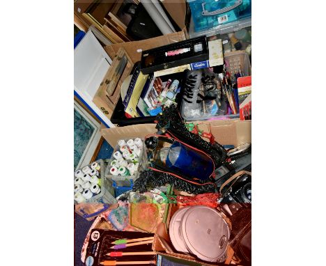 FIVE BOXES OF ARTISTS PAINTS AND EQUIPMENT, to include a small wooden easel, assorted acrylic paints, brush sets, pencils, a 