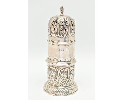 A LATE VICTORIAN SILVER SUGAR CASTER, cylindrical form with embossed foliate and scroll pattern, pierced dome cover with poin