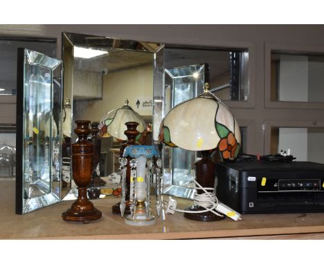 A TRIPLE DRESSING TABLE MIRROR, height 60cm (chipped in one corner), a pair of early 20th century turned wood candle holders,