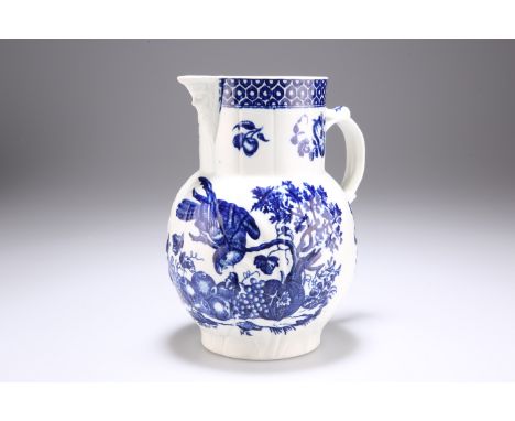 A WORCESTER CABBAGE-LEAF MASK JUG, C.1780, printed with the Parrot Pecking Fruit design in underglaze blue, disguised numeral
