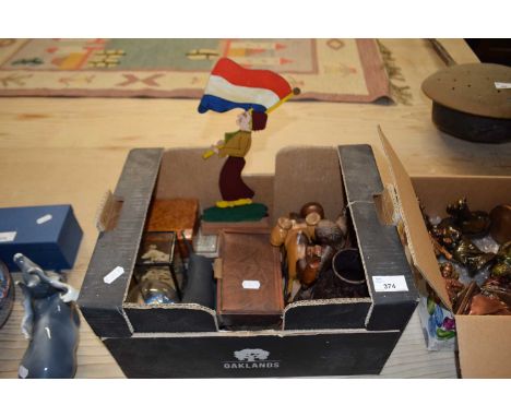 Box of various mixed wooden and other items to include a small cork diorama picture, model camel, small royal dux, abstract m