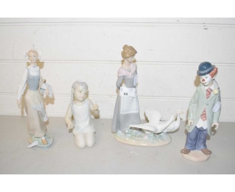Mixed Lot: Lladro model of a clown, Lladro model of a lady with geese, further Lladro of a lady with a basket of flowers and 
