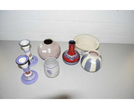 Poole pottery candlesticks, vases, small bowl etc