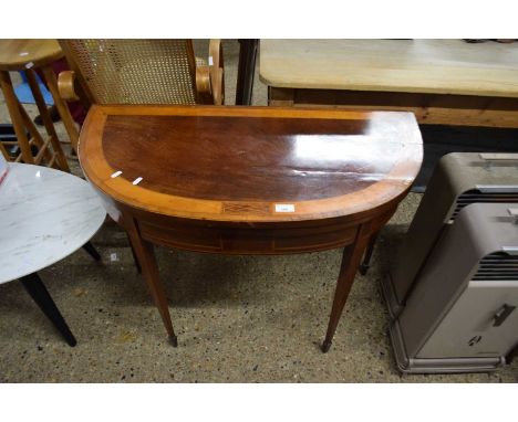 19th Century mahogany and inlaid demi lune formed card table with baize lined interior raised on tapering legs