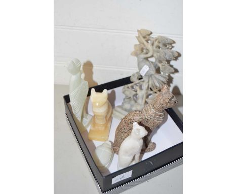 Collection of various polished stone model cats, soapstone model of a crane etc