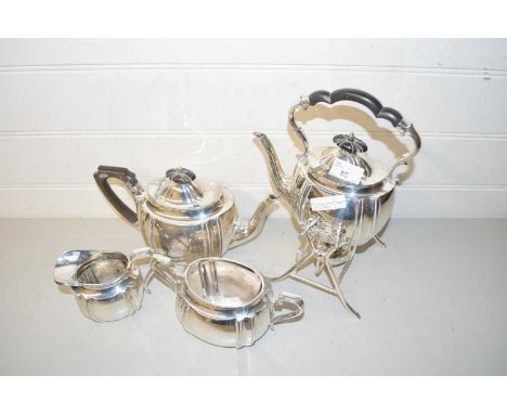 Silver plated spirit kettle by Walker &amp; Hall together with a further Walker &amp; Hall three piece tea service