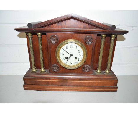 Late 19th/early 20th Century mantel clock in mahogany architectural case with pillared detail