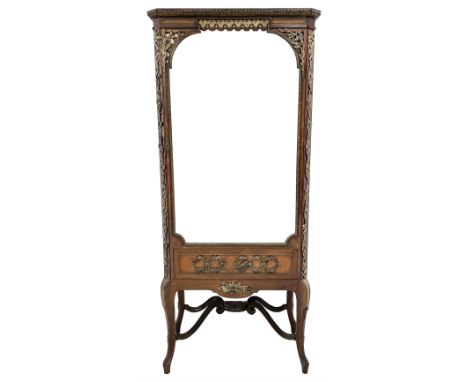 Late 19th/early 20th century French walnut and Kingwood vitrine or display cabinet, the projecting cornice decorated with app