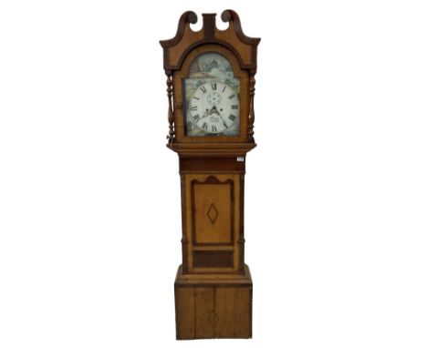 A late 19th century oak and mahogany longcase clock, with a swans neck pediment and break arch hood door, with ring turned pi