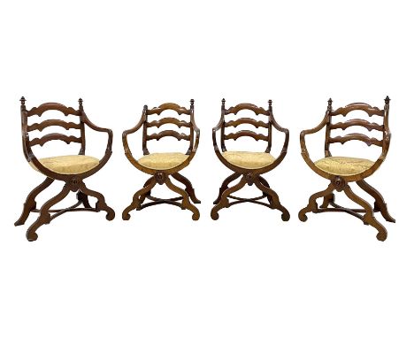 Set four late 19th century walnut x-framed throne type chairs, three shaped horizontals over seats upholstered in gold damask