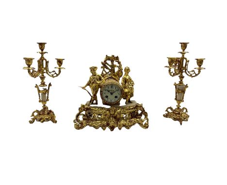 Late 19th century alabaster and gilt figural mantel clock garniture, with a French 8-day countwheel striking movement strikin