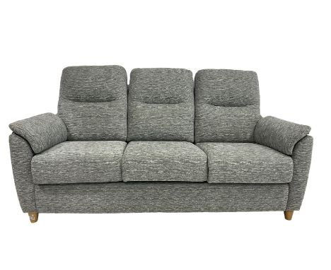 G-Plan - three seat sofa upholstered in grey fabric, raised on turned supports Dimensions: Height:&nbsp;105cm&nbsp; Length/Wi