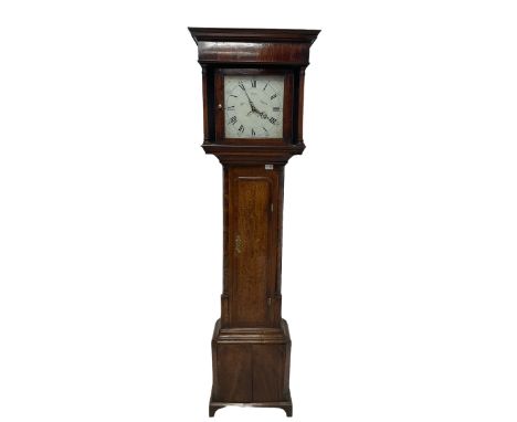 A late 18th century oak and mahogany longcase clock with an associated painted dial inscribed �John Prior, Nessfield�, (Yorks