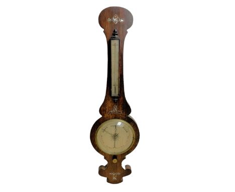 A Victorian mercury barometer c1860 in a rosewood case with mother of pearl inlay, with a rounded top and shaped base, 8” sil