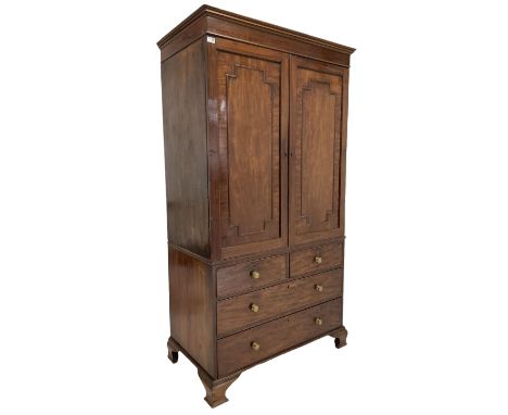 19th century mahogany linen press, two panelled doors opening to reveal hanging rail and one sliding tray over two short and 