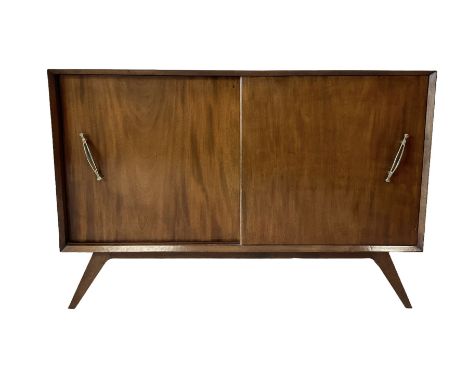 Mahogany sideboard, the sliding doors opening to reveal one shelf, raised on square tapering supports 