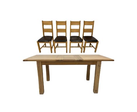 Light oak extending dining table, and set four matching dining chairsDimensions: Height:&nbsp;77cm&nbsp; Length/Width:&nbsp;1