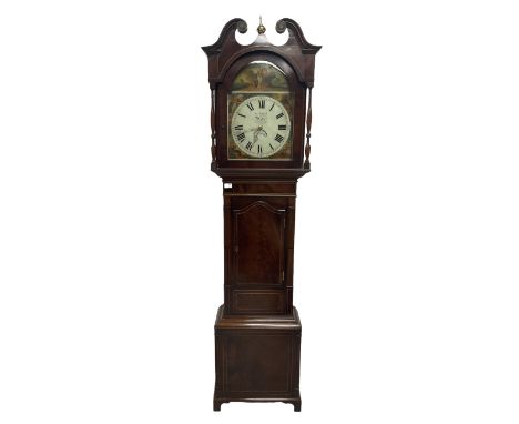 A Victorian 30hr mahogany cased longcase clock c1860, hood with a swans neck pediment and ball and spire finial, break arch h