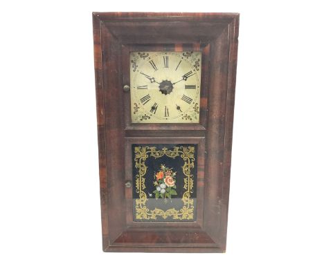 A late 19th century American O.G. shelf/wall clock in a rectangular mahogany veneered case with a deep concave moulding, eigh