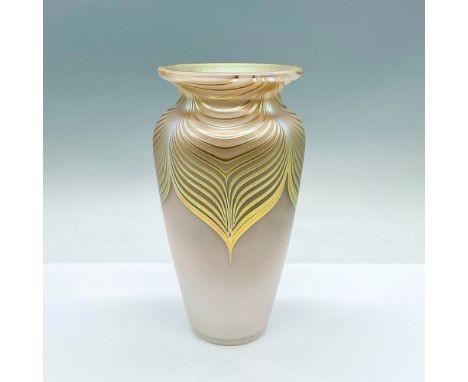 A stunning pearl-white vase with luster gold feathered design. Abelman Glass and artist signed on the base. Certificate of Au