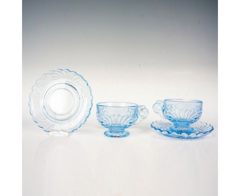Includes 2 cups and 2 saucers; moonlight blue with scalloped rim on saucers. Cups measure: 4.25"W x 1.5"H. Saucers measure: 5
