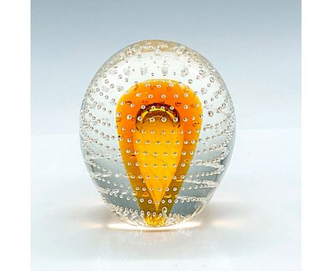 Unsigned Steuben glass paperweight with internal amber cone and small bubbles. Issued: 20th centuryDimensions: 3.5"H x 3"dia.