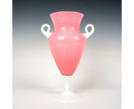 Pink glass accented by dual white handles and white stemmed base. No backstamp. Issued: 20th centuryDimensions: 7.5"L x 5"W x