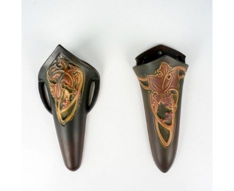 2 beautiful wall mount vases. Decorated in a brown semi-matte finished and adorned in an Art Nouveau style grape pattern. R s