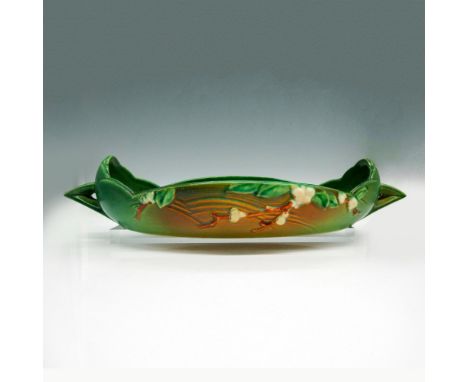 Light glazed, green double handled bowl with floral design in cream and brown. Roseville raised mark. IBL2-12. Issued: 20th c