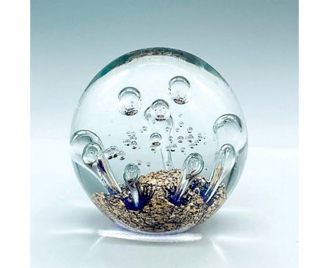 Dynasty Gallery Clear Glass paperweight with blue and gold base, internal bubbles. This item has its original box. Issued: 20