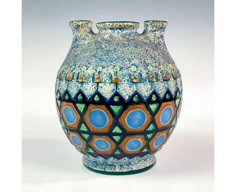 An unusual vessel, gorgeously glazed in rich enamel colors with intricate patterns. Made In Czechoslovakia. Issued: c. 1920Di