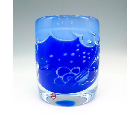 Heavy cased crystal with light and dark blue and silver waves. Signed by Artist. Orrefors etched mark and sticker. Artist: Ol