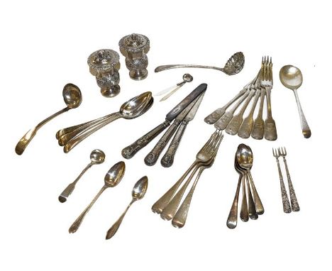 A collection of assorted silver flatware, including six Fiddle pattern dessert forks, engraved with a crest, three Scottish d