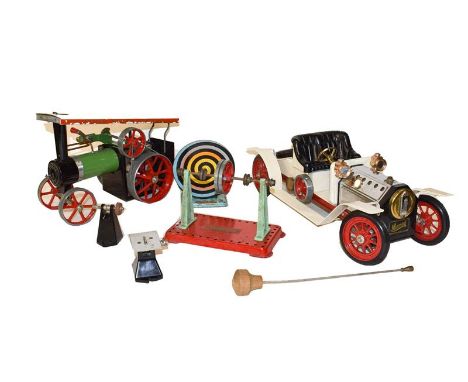 A Mamod steam powered motor car together with traction engine and accessories (one tray)