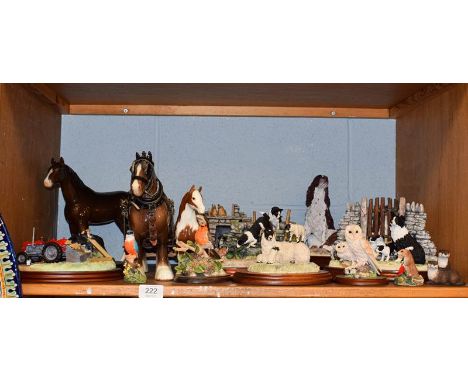 Beswick and Border Fine Arts including Pinto Pony, skewbald gloss, Shire Mare with associated harness and cart, a pair of liv