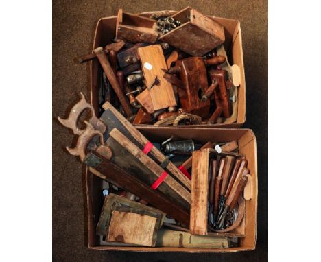 Two boxes of antique woodworking tools including moulding planes 