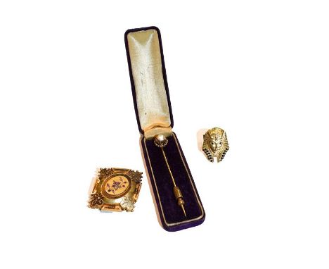 An Egyptian black stone ring, unmarked, finger size P; a cultured pearl and enamel stick pin (a.f.); a Victorian gem set broo