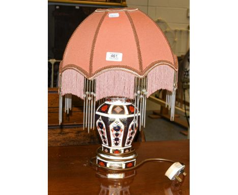 A Royal Crown Derby Old Imari table lamp of octagonal baluster form and with tasseled shade, 23cm (porcelain)