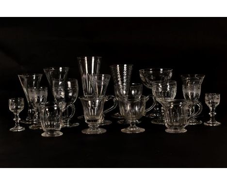 Two trays of Georgian and later mixed drinking glassware including custard cups, ale flutes and sherry glasses including etch