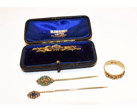 A Mizpah ring, stamped '18CT', finger size N; a 15 carat gold brooch, length 4.5cm; and two stick pins.  Ring - 3.8 grams. Br