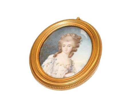 French School (late 18th century) Miniature bust portrait of a Lady, with pearls in her hair, wearing a rose-trimmed white dr